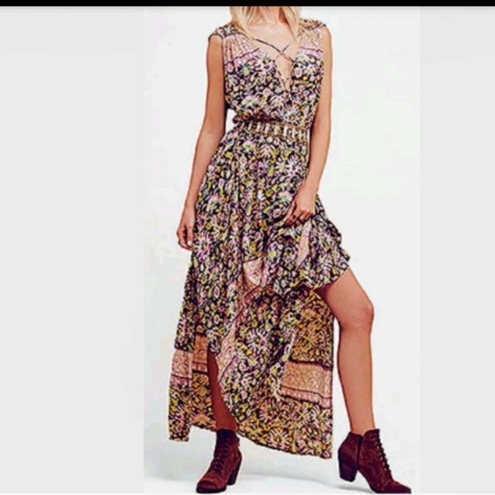 Free People Petra Maxi Dress Purple Multicolor  Flowy Boho Floral